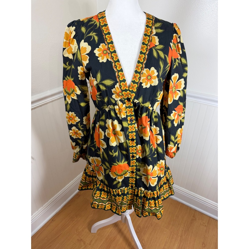 Chelsea & Violet Floral Mini Dress Womens XS Black Orange Retro 70s Boho Cotton